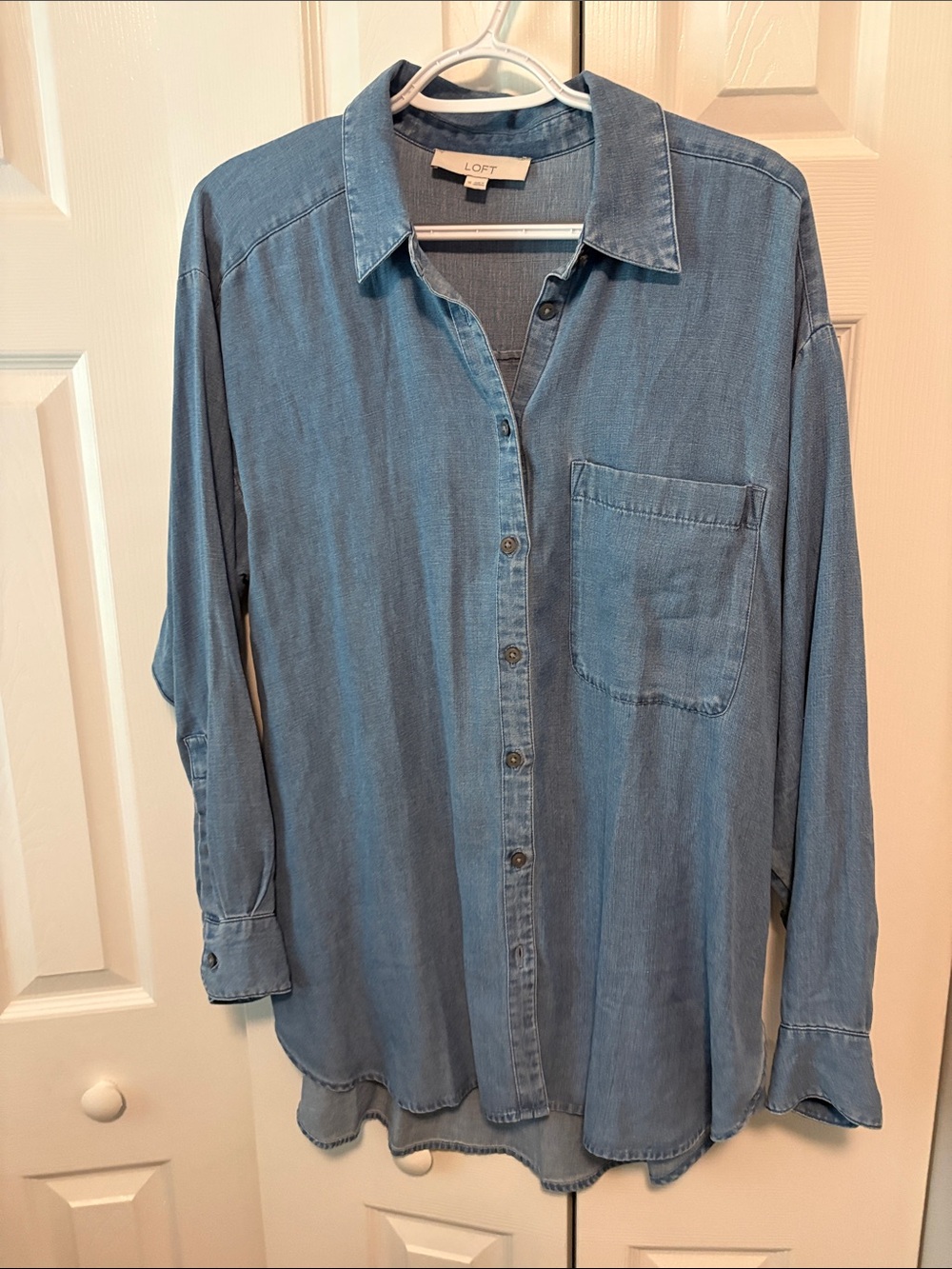 LOFT Blue Denim Button-Down Shirt with Chest Pocket